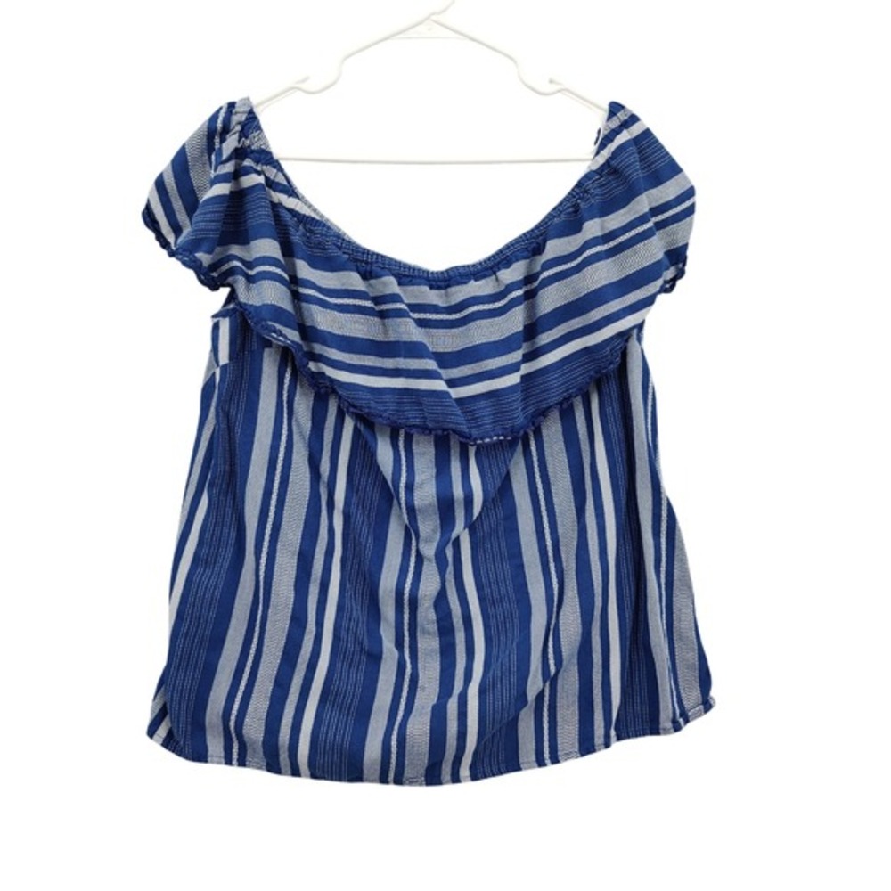 Lane Bryant Womens Coastal Cottage Mediterranean Top 14/16 Blue Striped Ruffle